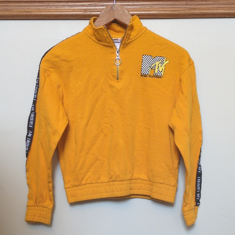 XS Retro MTV Crop Graphics Pullover Yellow Zip Up Sweatshirt I Want My Music TV